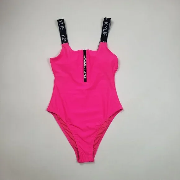 Kendall and Kylie One Piece Swimsuit Women's Medium Neon Pink & Black Call Out - Picture 5 of 16